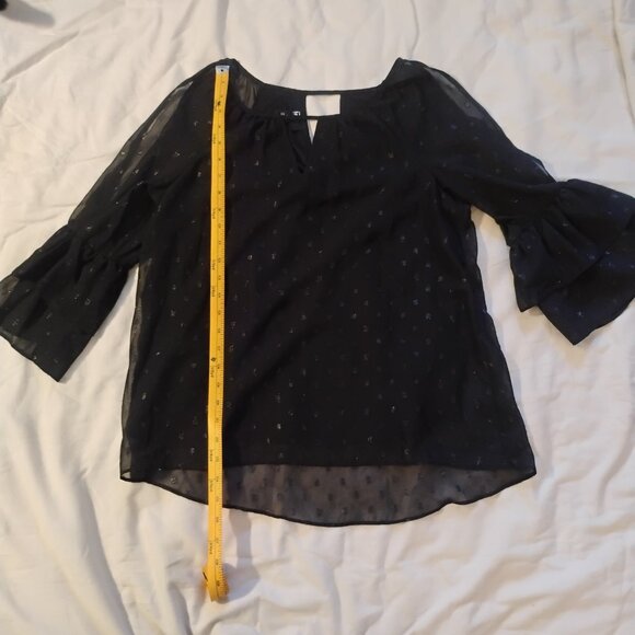 Byer M Black Sheer Chiffon Blouse Metallic Dot Pattern Open Shoulder Tiered Bell - Picture 7 of 10